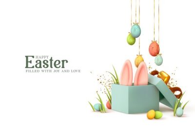 Addison Longwood shares Eater event at the Central Florida Zoo with Easter day design. Realistic blue gifts boxes. Box full of decorative festive object. Holiday banner, greeting Spring Easter background.
